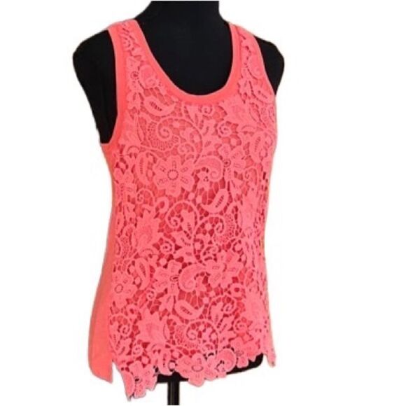 J Crew coral scoop neck tank top with crochet overlay, size XXS - Picture 4 of 5